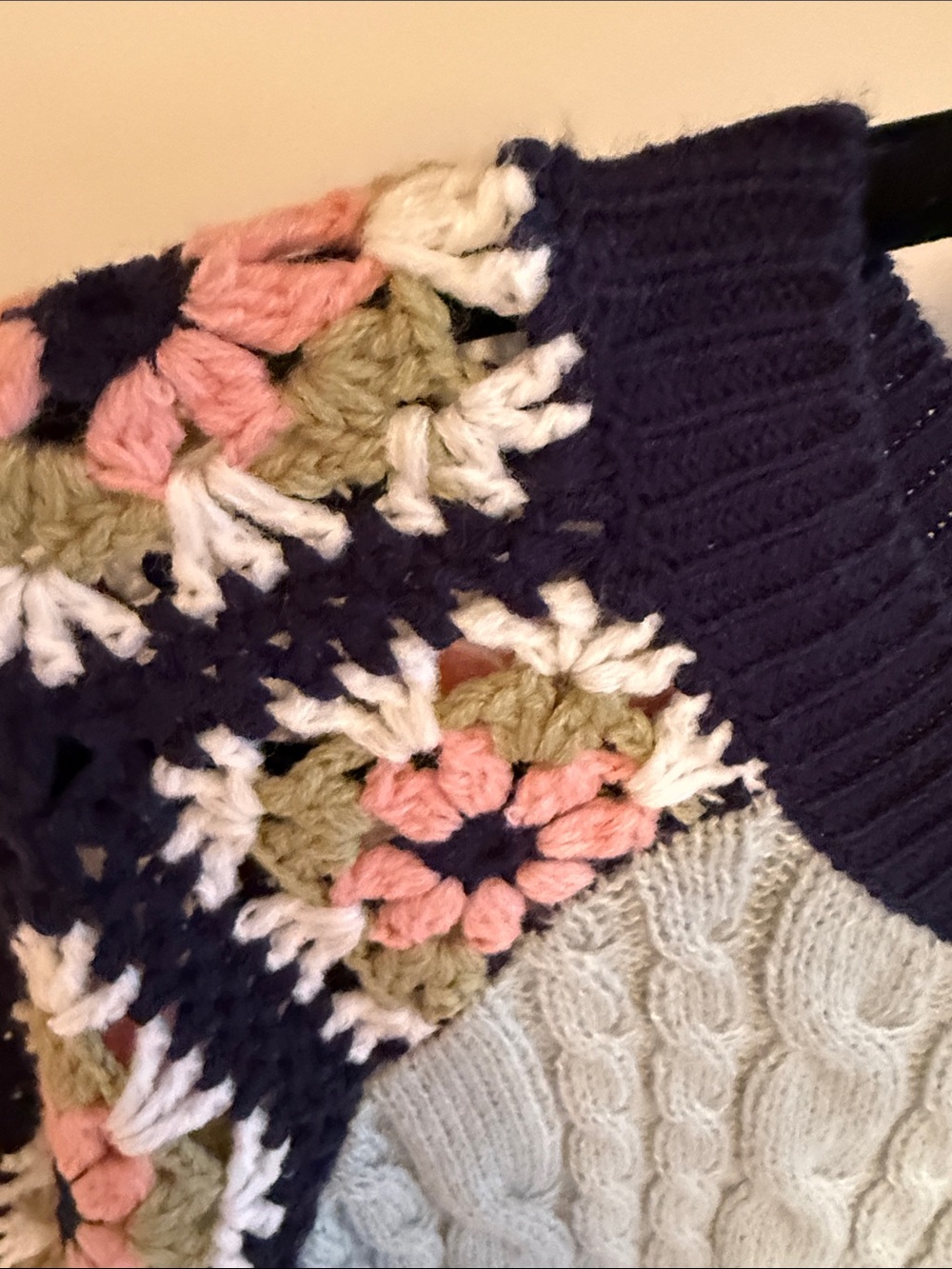 DAVI & DANI Navy and Light Blue Crochet Floral Sleeve Cable Knit Sweater - Picture 6 of 16